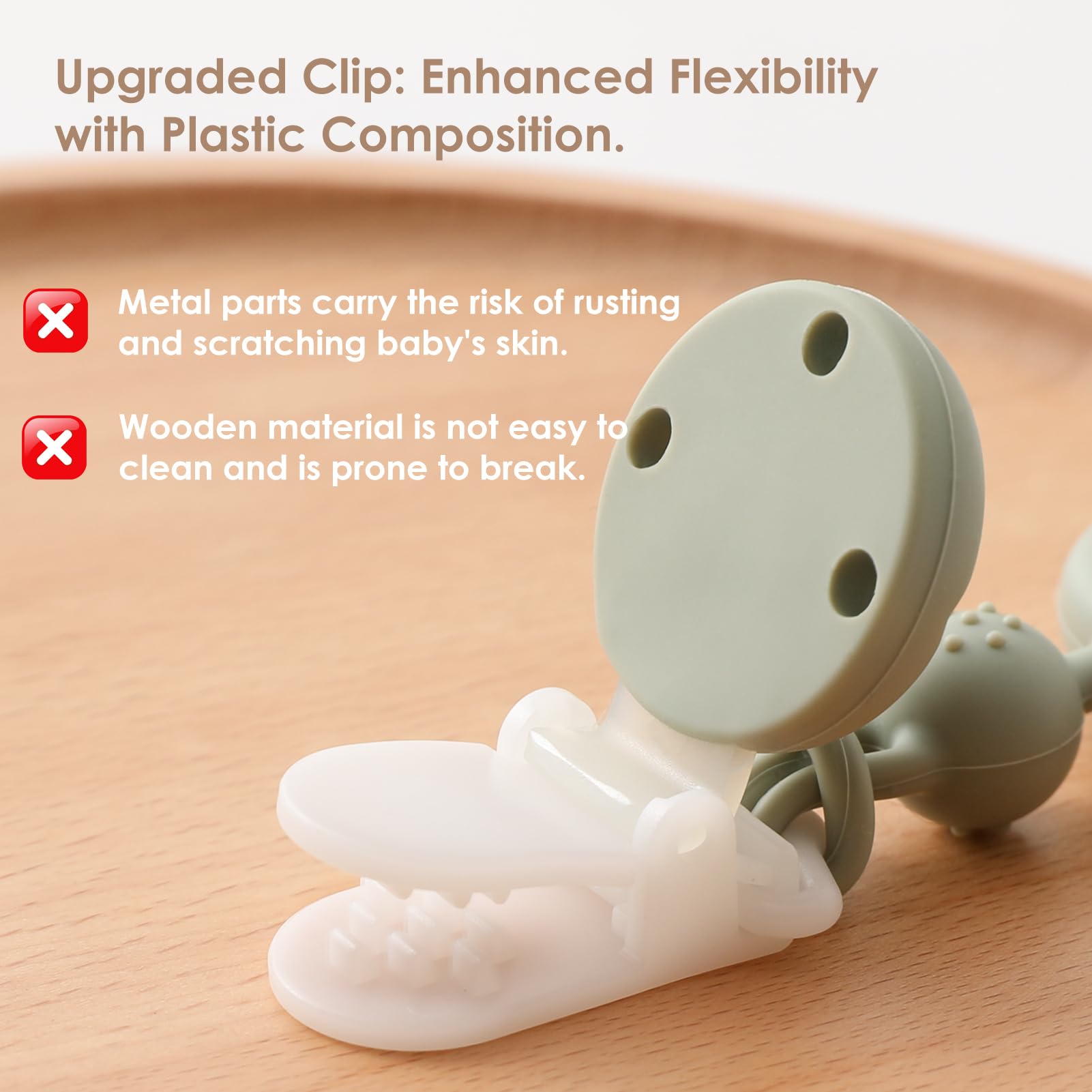 Andy Bear ivory pacifier clip shows metal-free safety with smooth edges