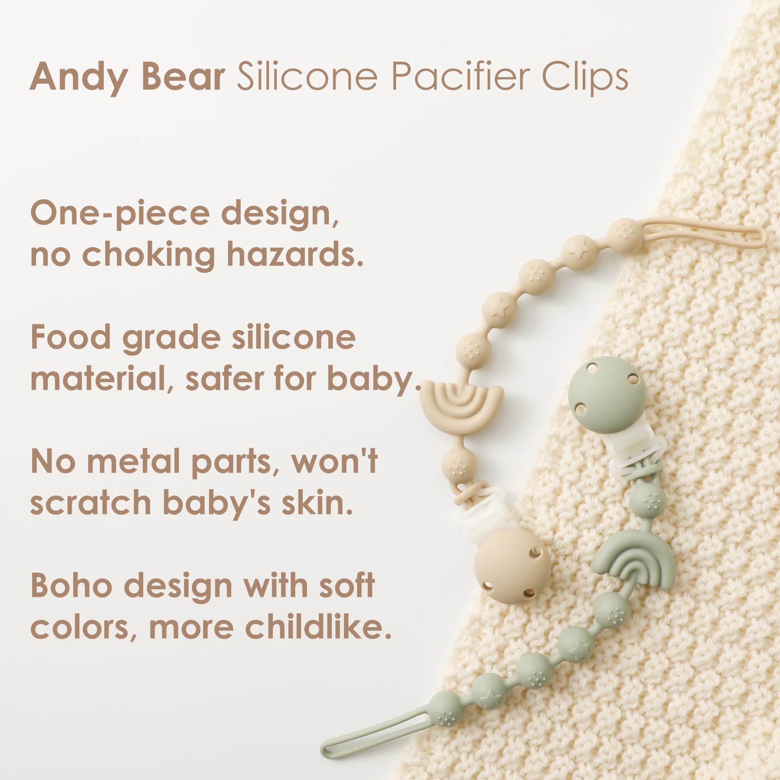 Andy Bear silicone teether clip baby blue closeup emphasizes soft texture and easy cleaning