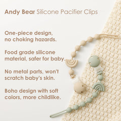 Andy Bear silicone teether clip baby blue closeup emphasizes soft texture and easy cleaning