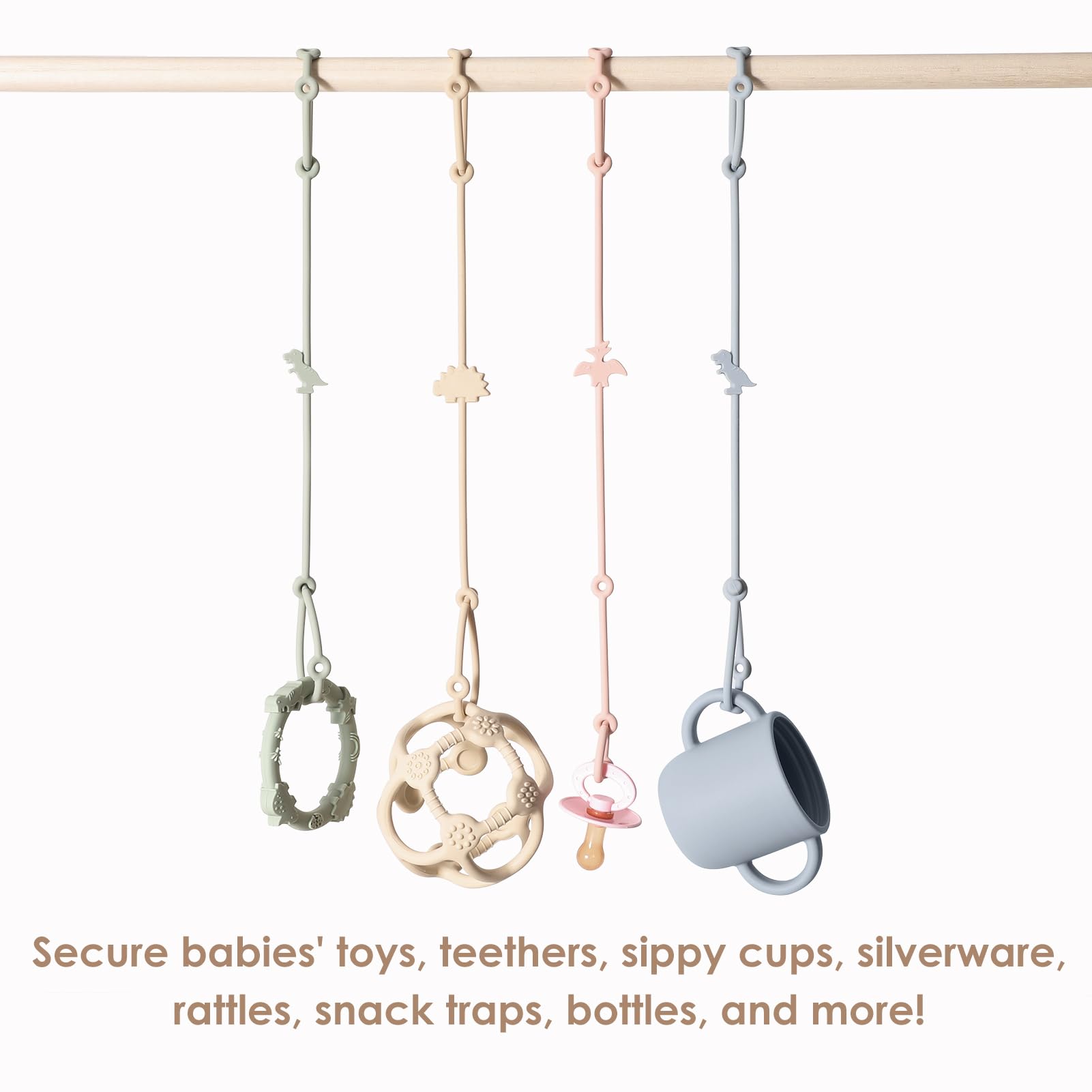 Andy Bear Triceratops fastener keeps teethers within reach on the go.