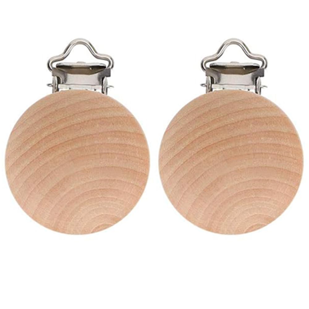 Anemeeoke beech wood pacifier suspender clip close-up highlights wood grain and secure attachment.