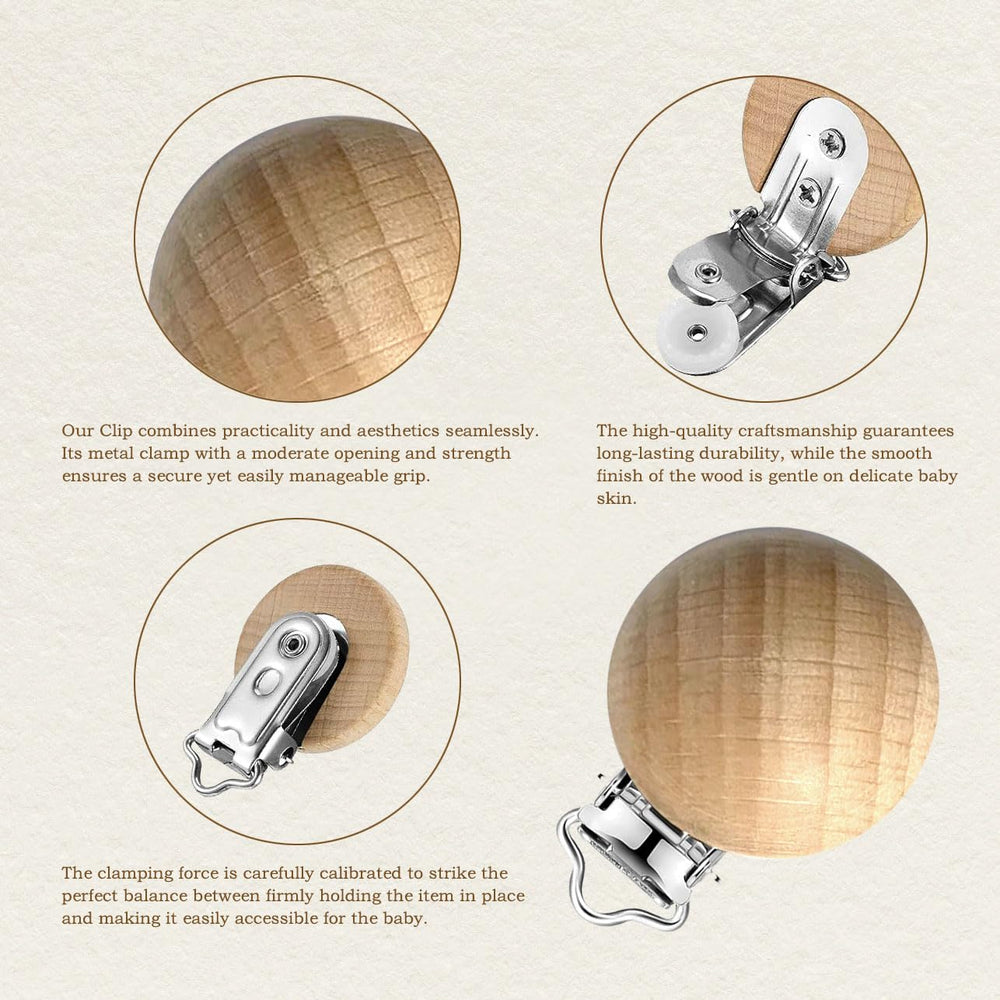Anemeeoke beech wood pacifier suspender clip with-teether shows versatile teething support.