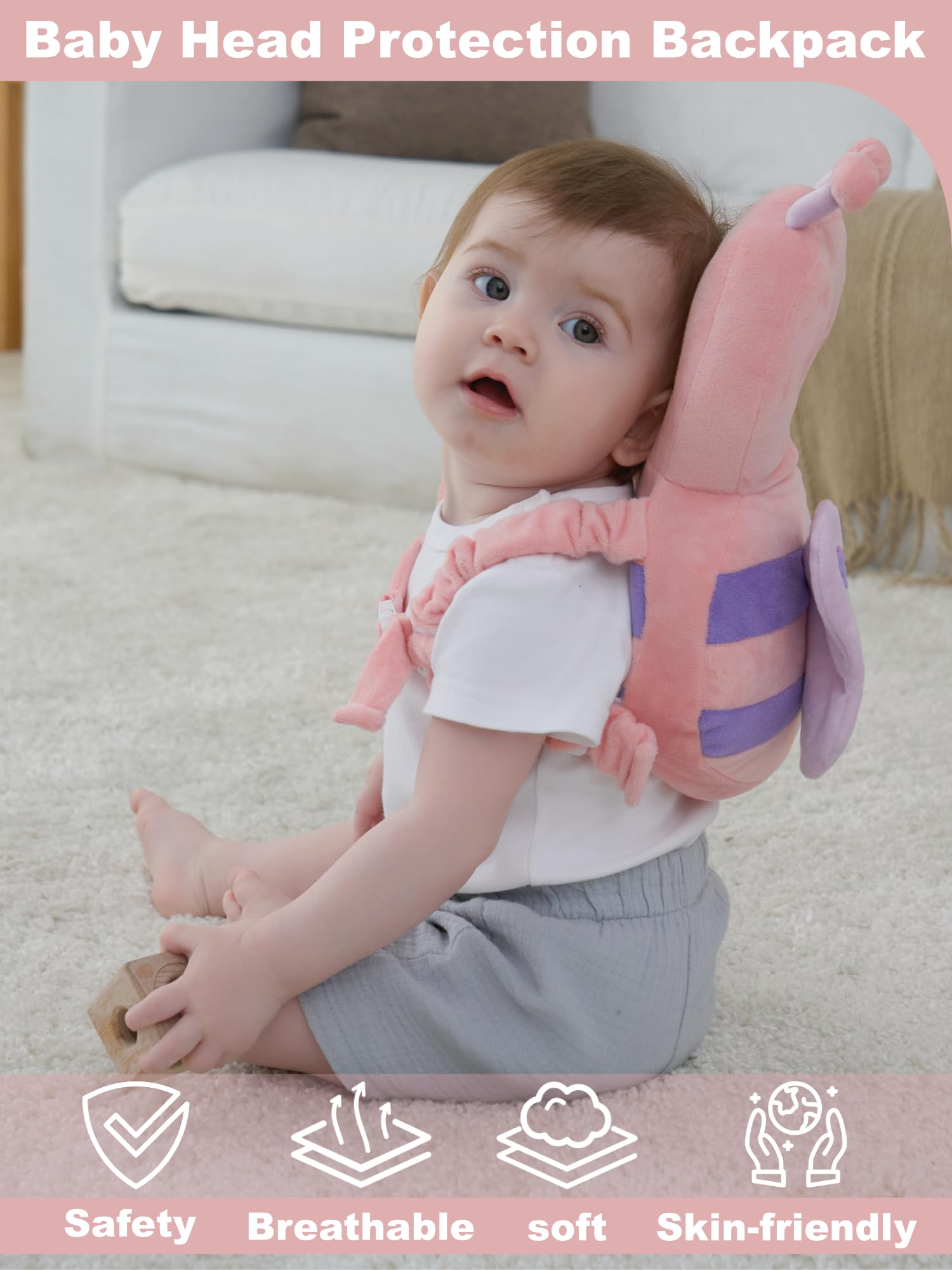 Anfrandce baby head protector backpack side view demonstrates secure adjustable straps for a snug fit.