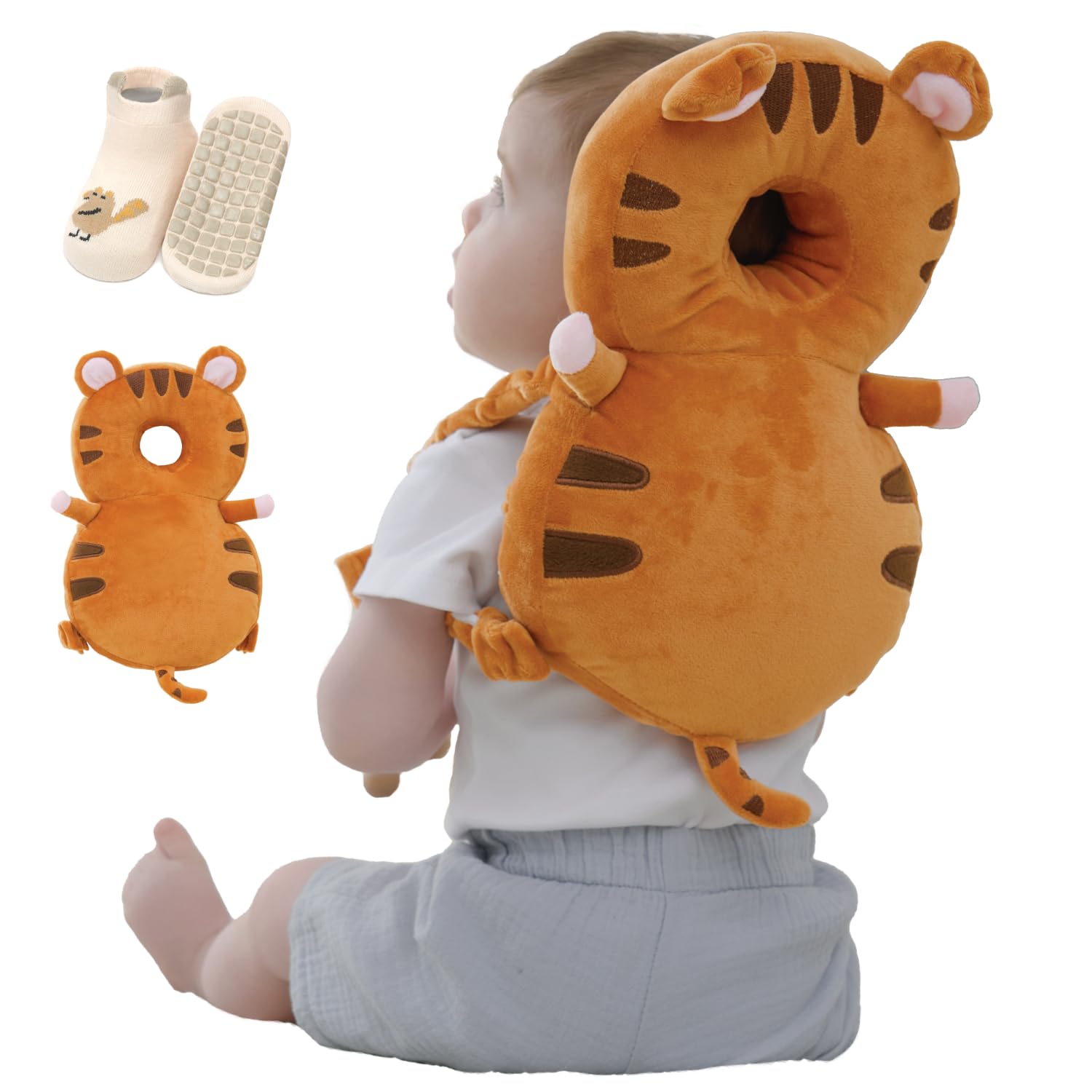 Anfrandce baby head protector backpack tiger front view for safe crawling.