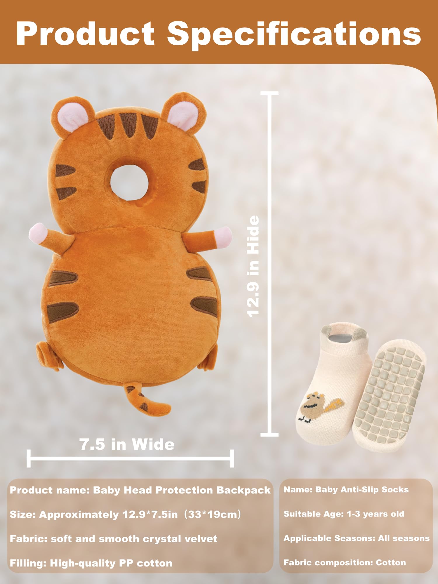 Anfrandce baby head protector backpack tiger in-use scene emphasizes protection during learning.