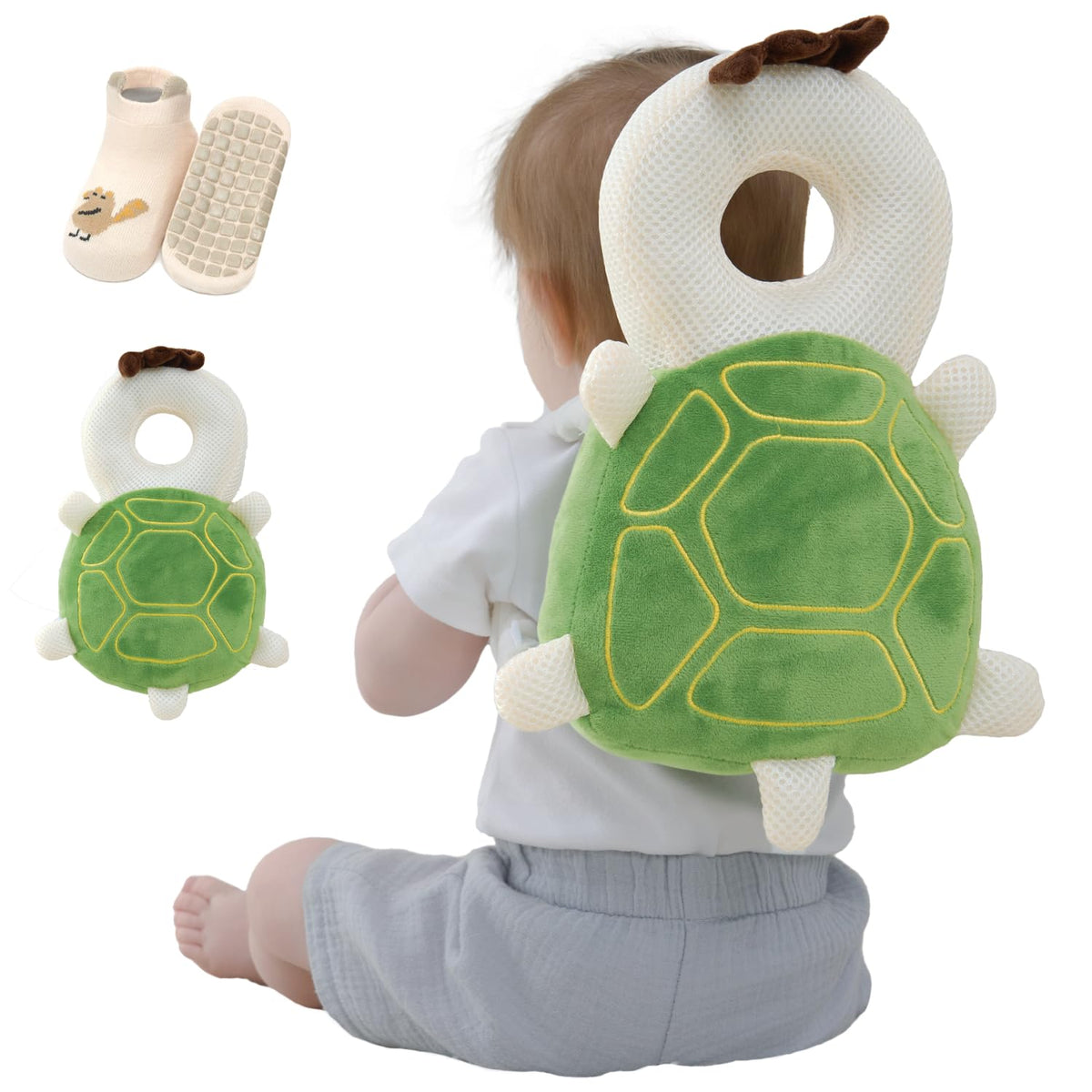 Anfrandce baby head protector backpack Turtle front view shows safe, lightweight protection