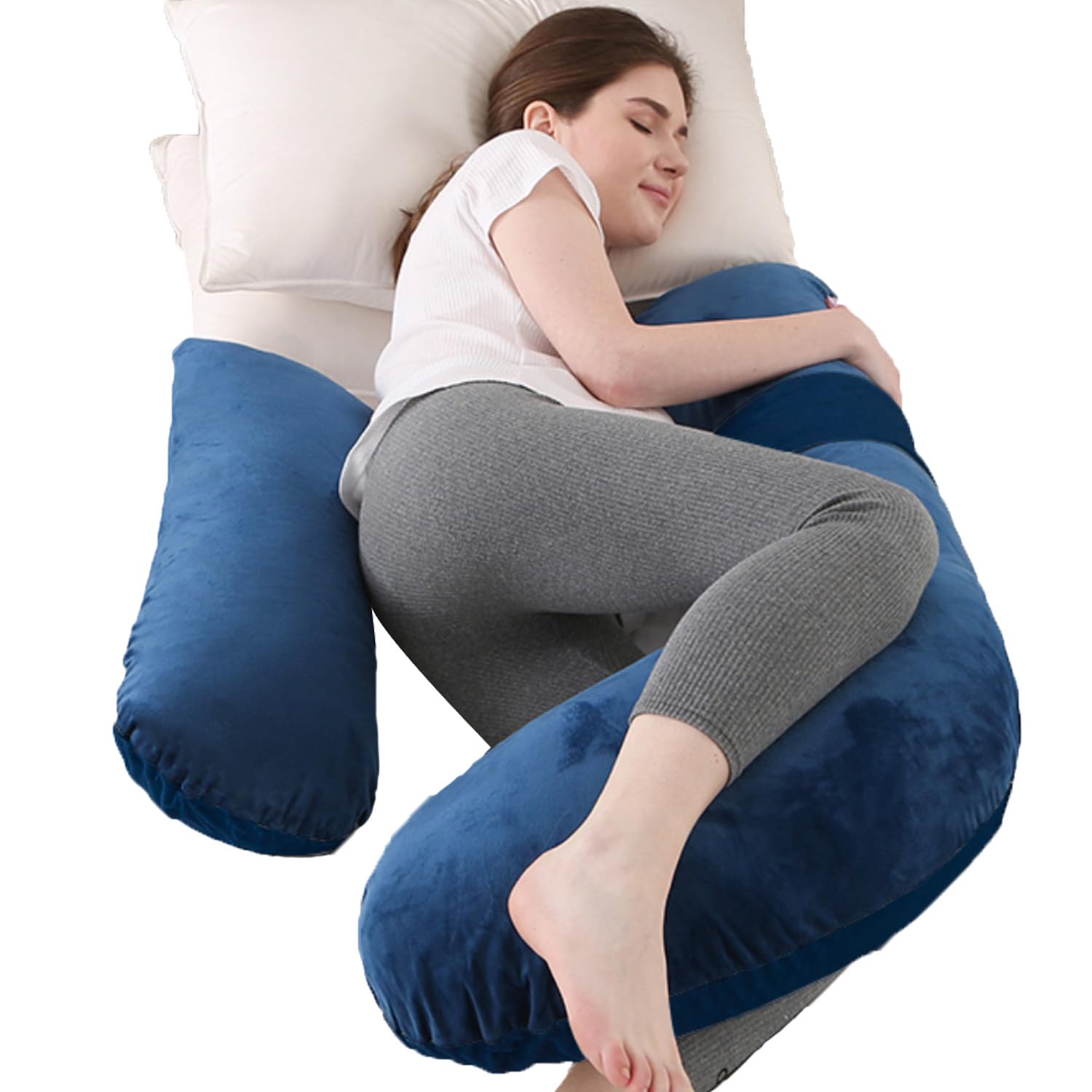 Anfrandce pregnancy pillow dark blue full body on bed for restful night support.