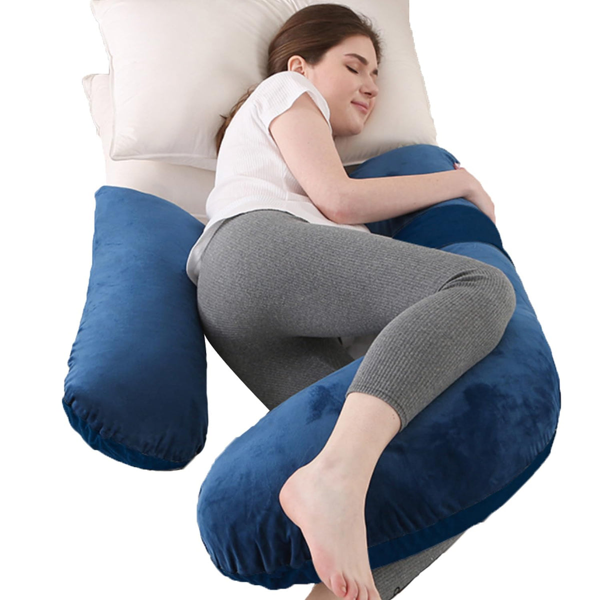 Anfrandce pregnancy pillow dark blue full body on bed for restful night support.