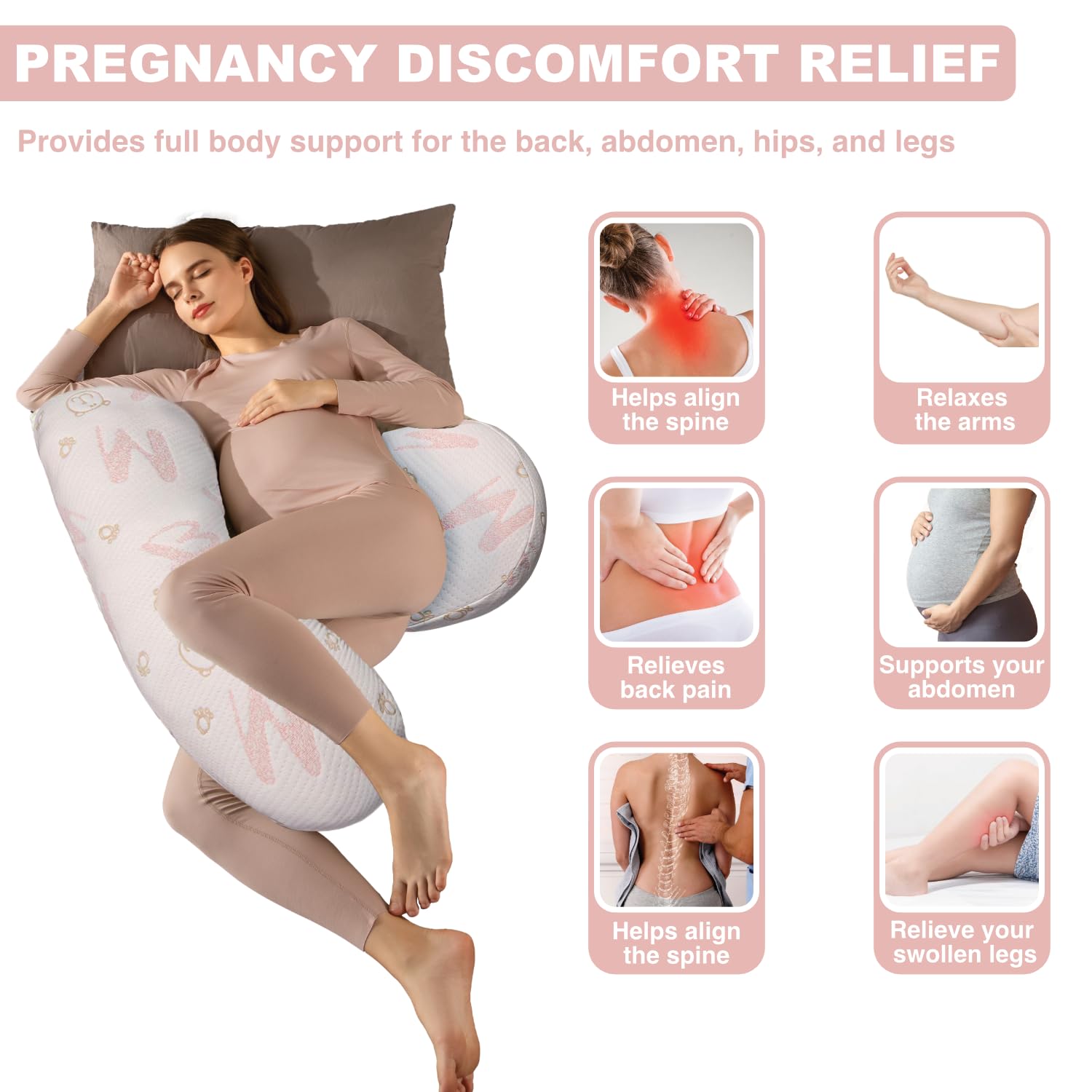 Anfrandce pregnancy pillow demonstrates side-sleep ergonomics for prenatal rest.