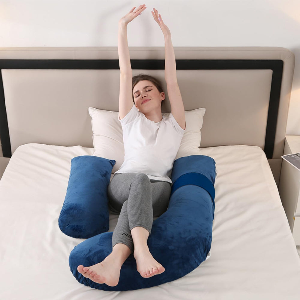 Anfrandce pregnancy pillow side view shows stable full body setup.