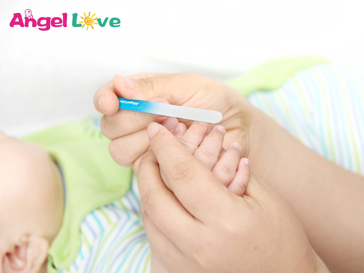 Angel Love baby nail file for newborns demonstrates gentle care for tiny fingers.