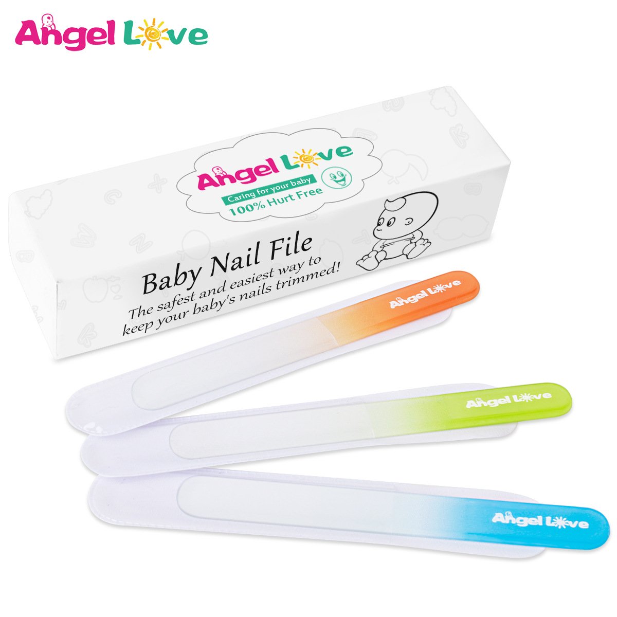 Angel Love baby nail file glass closeup highlights a smooth edge for gentle filing.