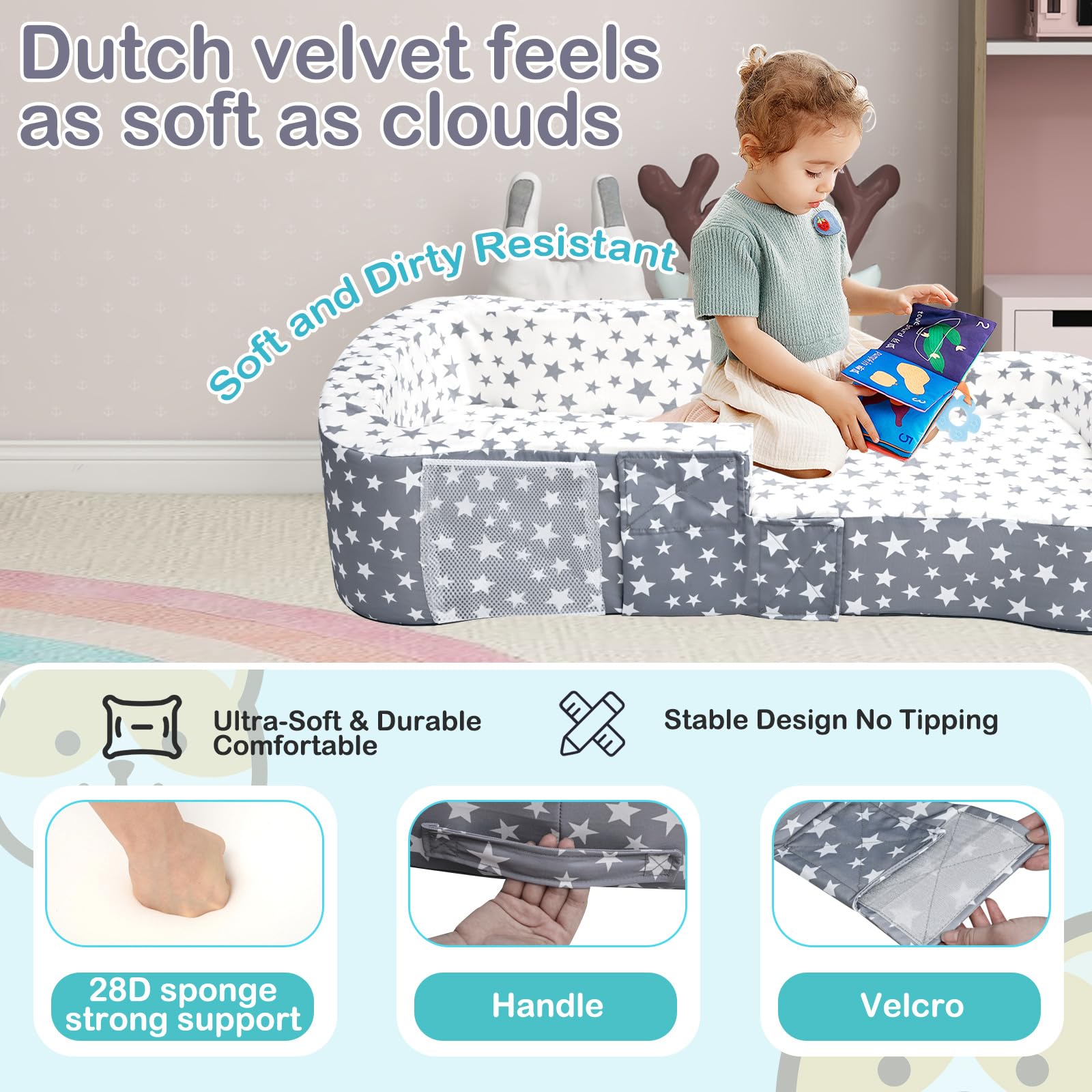 ANGELBECKE Toddler Bed soft Dutch velvet stars offer cozy snuggle feels.