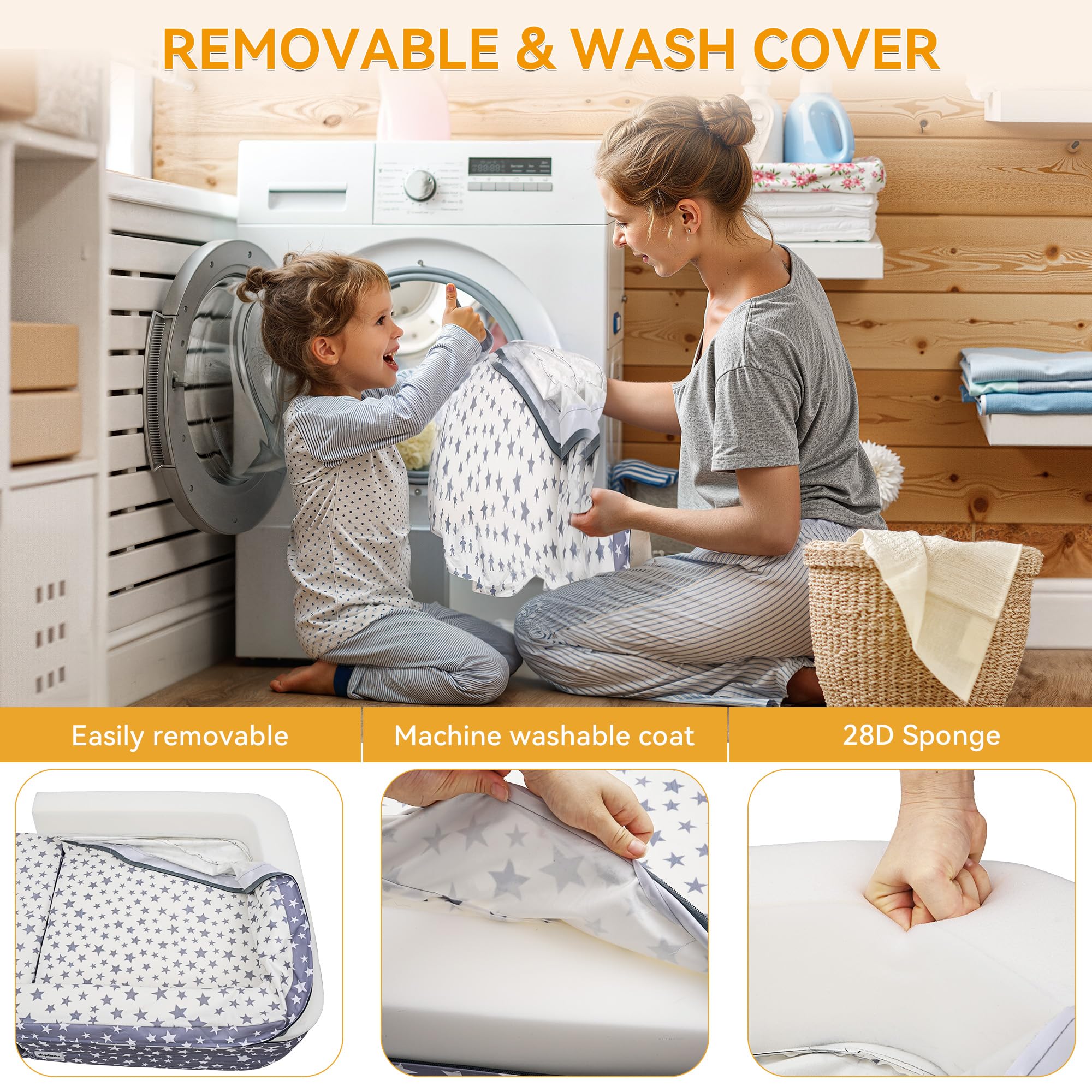 ANGELBECKE Toddler Travel Bed 28D sponge provides soft support.