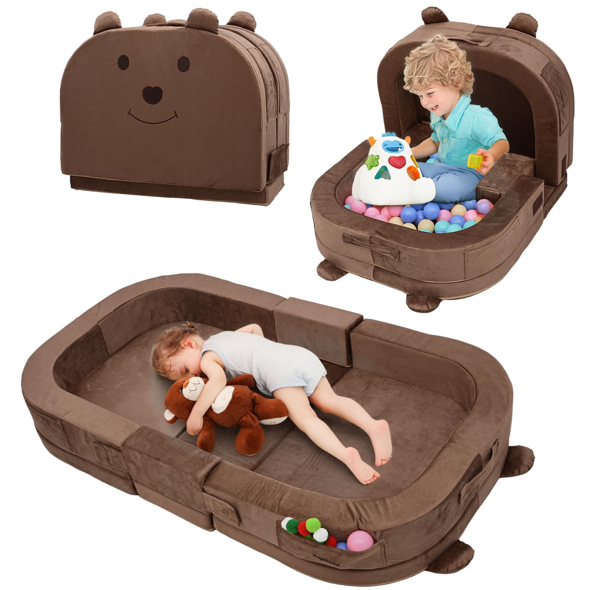 ANGELBECKE bear-shaped toddler travel bed offers cozy naps on the go.
