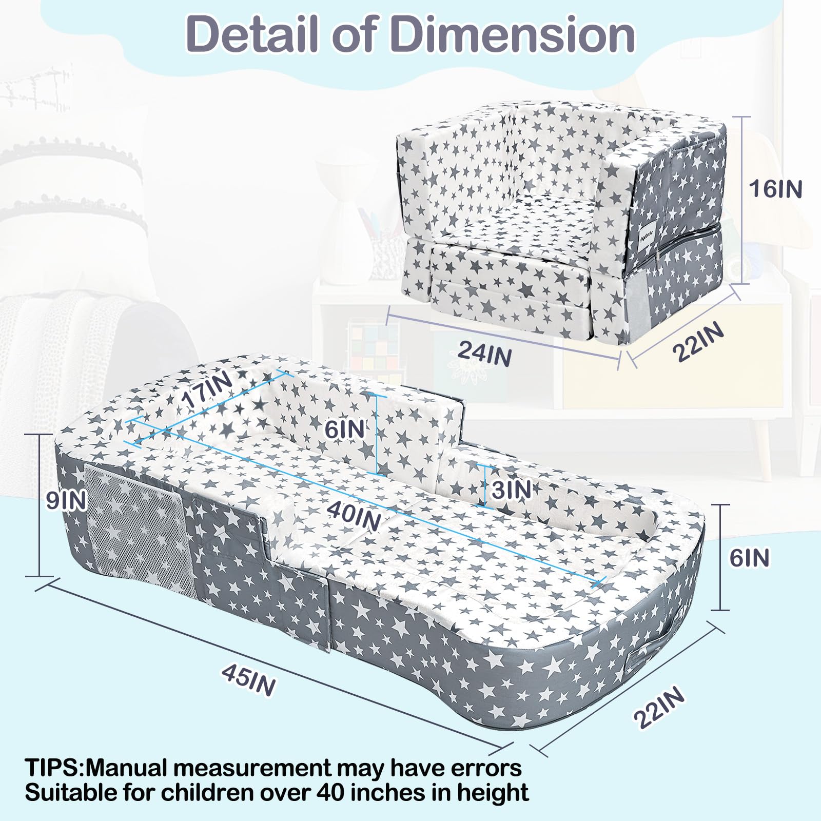 ANGELBECKE Toddler Travel Bed chair conversion showcases compact seating option on the go.