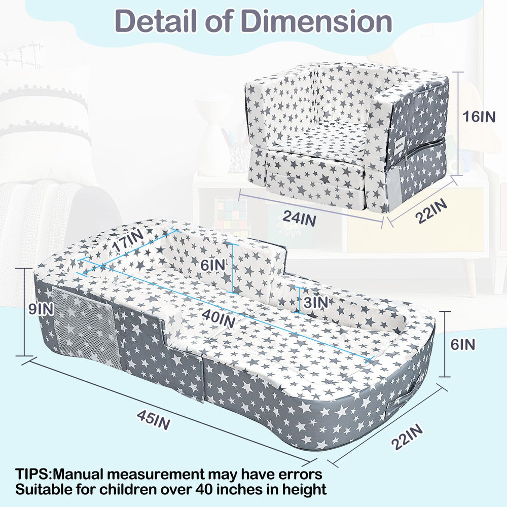 ANGELBECKE Toddler Travel Bed chair conversion showcases compact seating option on the go.