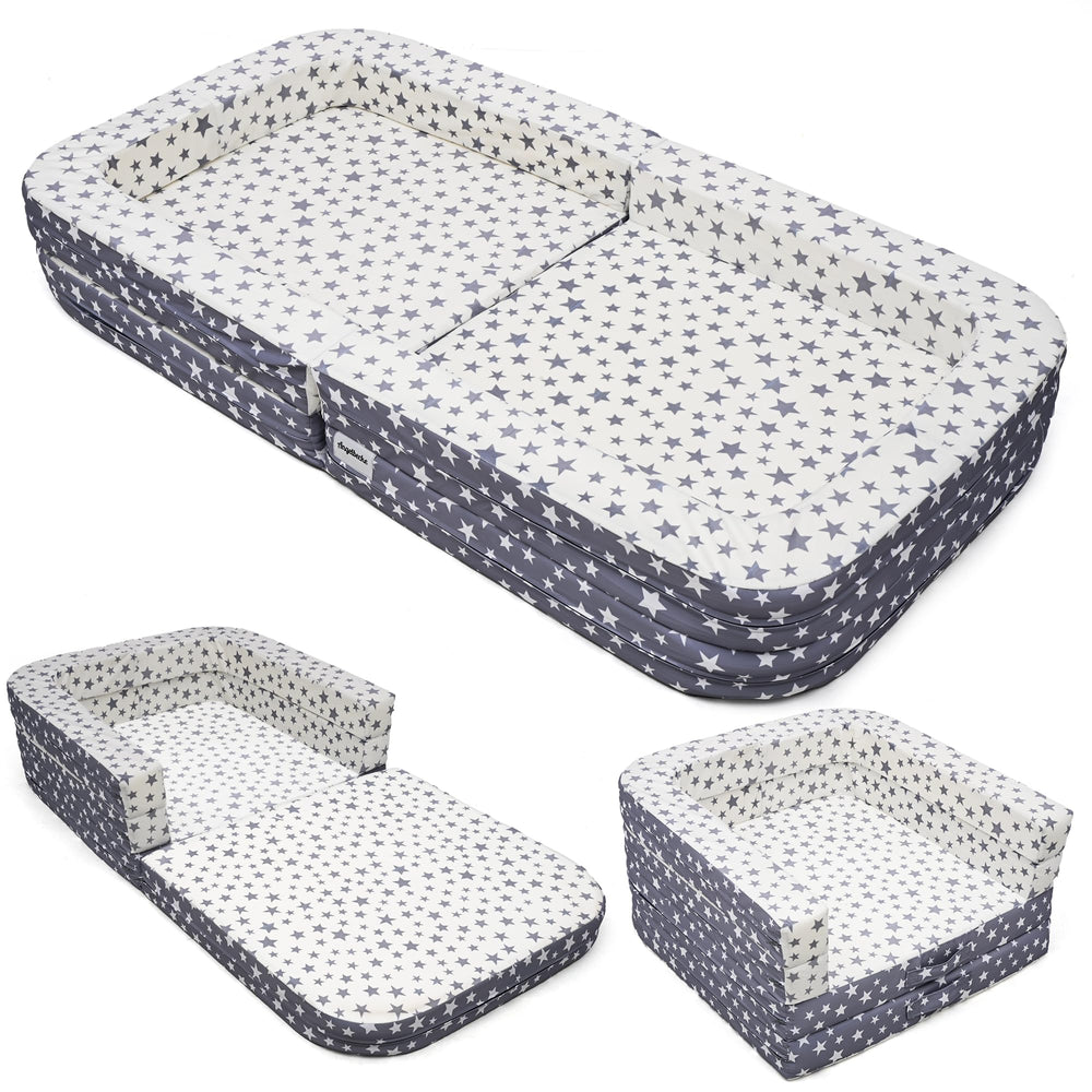 ANGELBECKE Toddler Travel Bed folded for compact travel and storage.