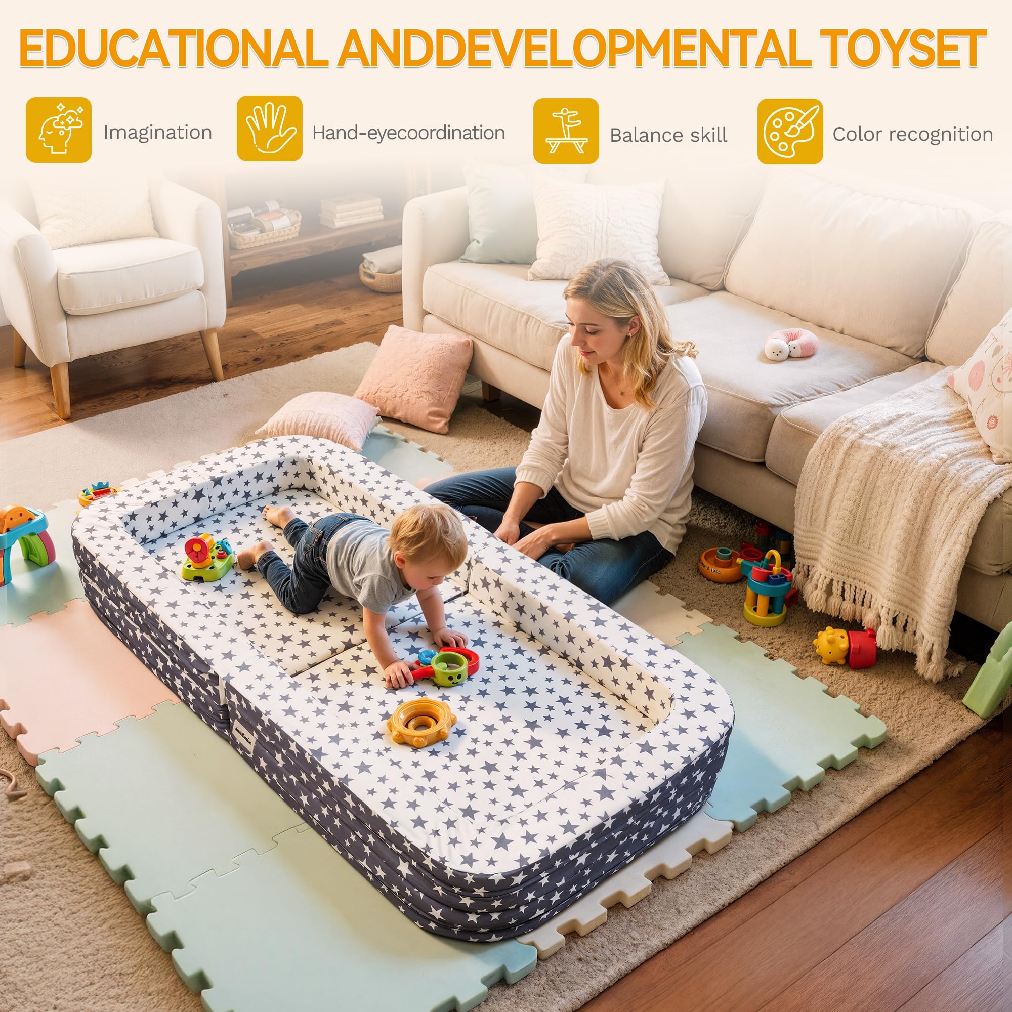 ANGELBECKE Toddler Travel Bed as play mat for safe play.
