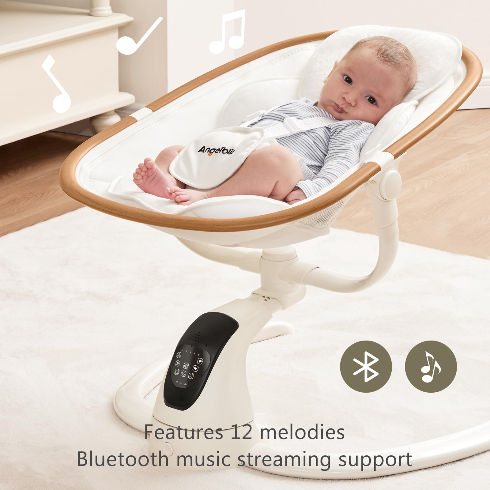 Angelbliss 180-degree seat rotation supports side-to-side or front-to-back soothing