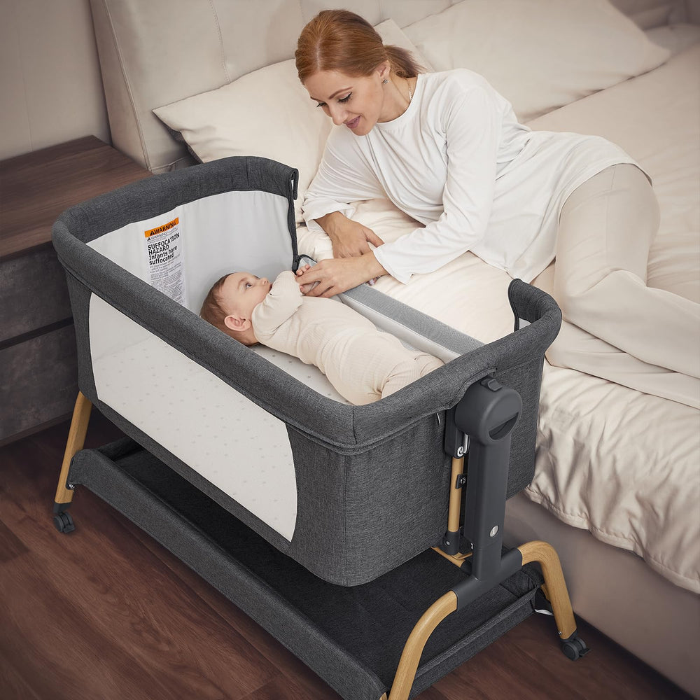ANGELBLISS 3 in 1 bassinet bedside attachment demonstrates easy near-bed care for parents.