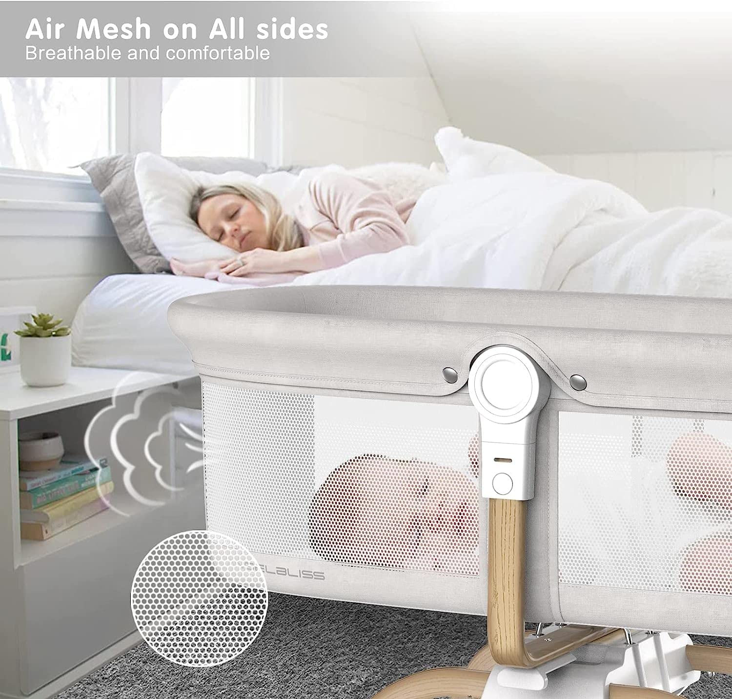 ANGELBLISS mesh sides promote ventilation for breathable naps.