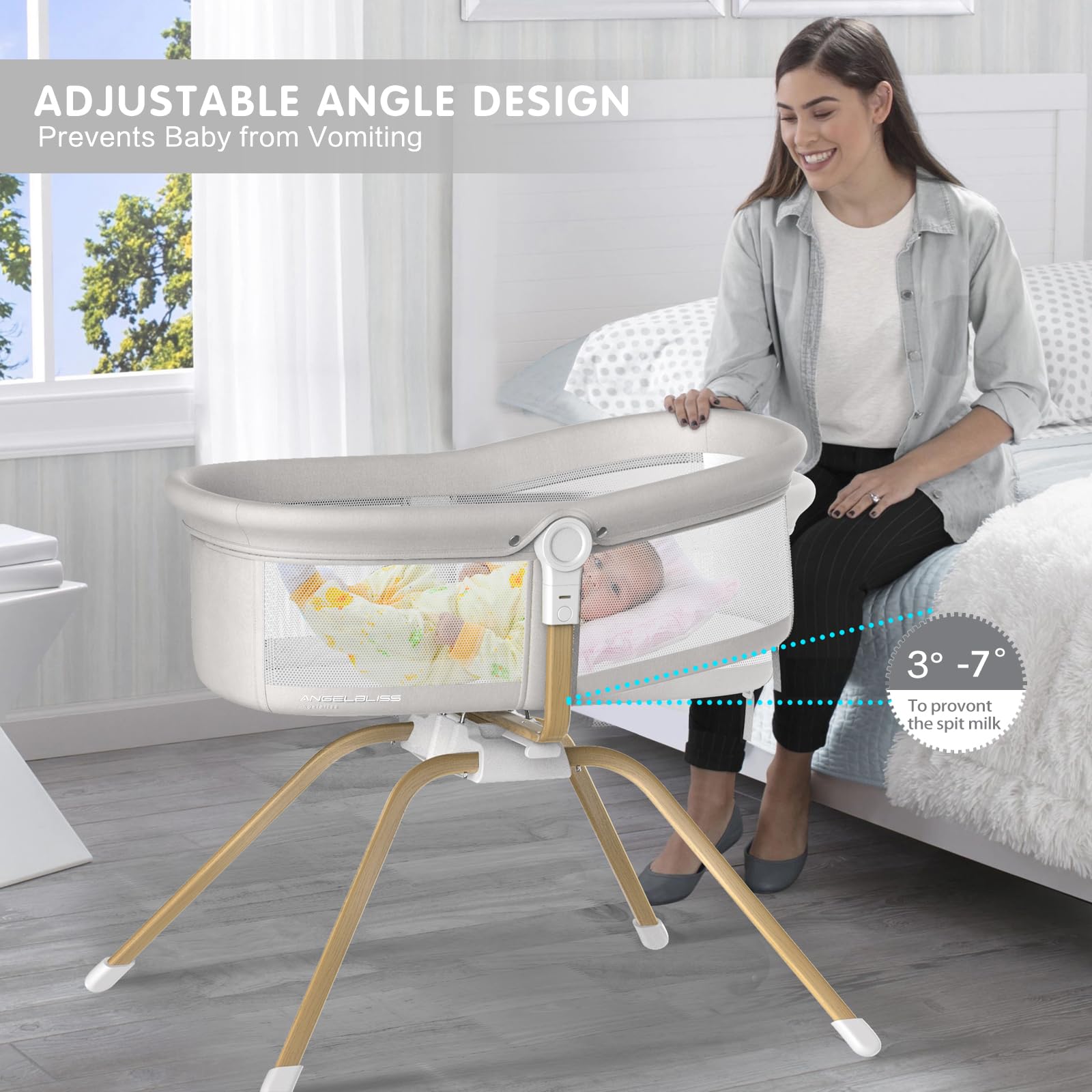 ANGELBLISS 3 in 1 travel bassinet folds easily for trips and stays.