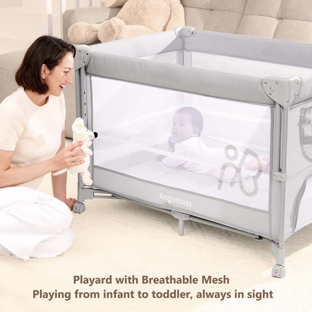Angelbliss 4-in-1 design transitions from bassinet to playard safely