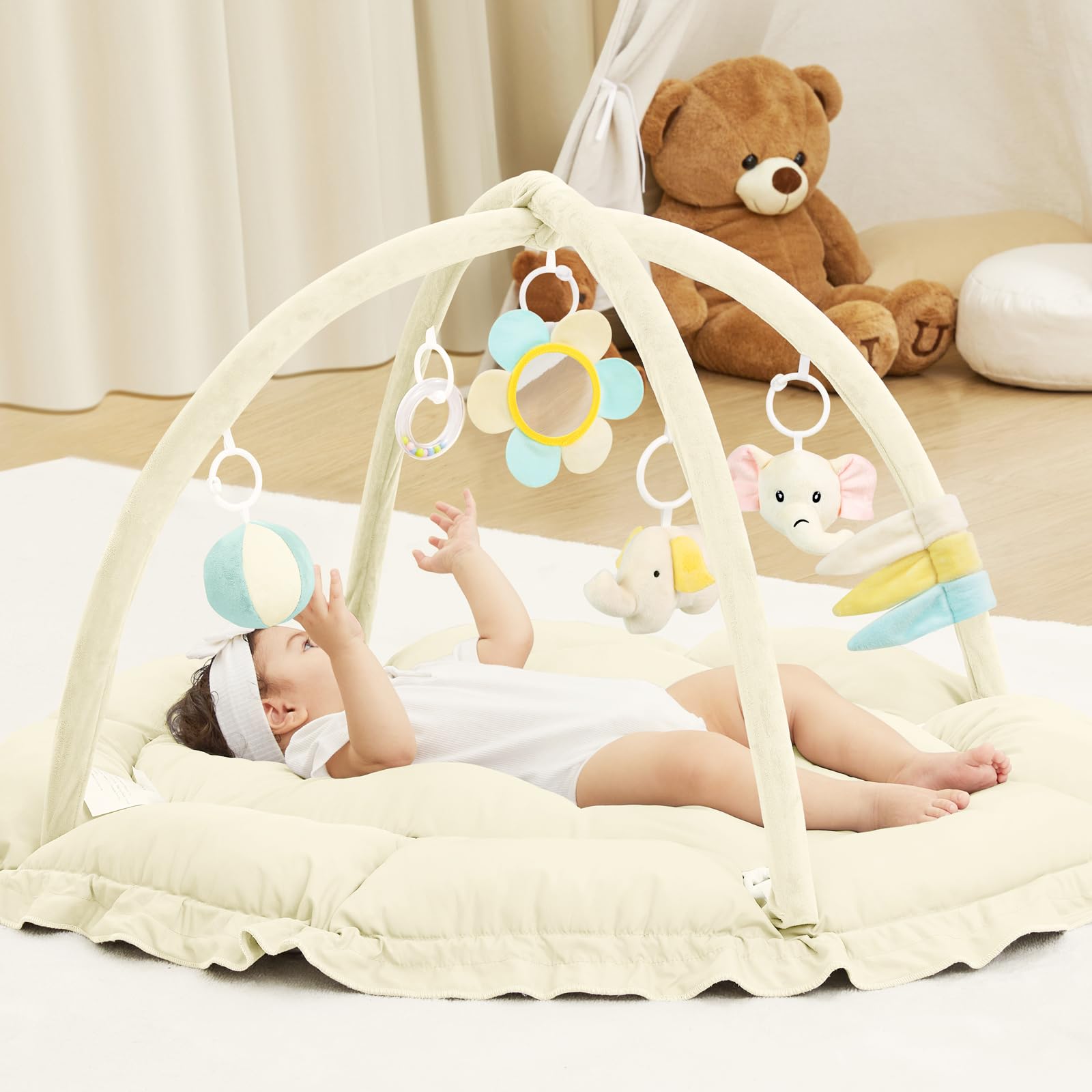 AngelBLISS 5-in-1 baby play gym mat beige — large surface for tummy time and play