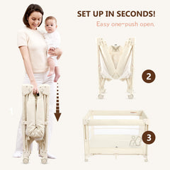 Angelbliss adjustable-height panel keeps baby within arm's reach.