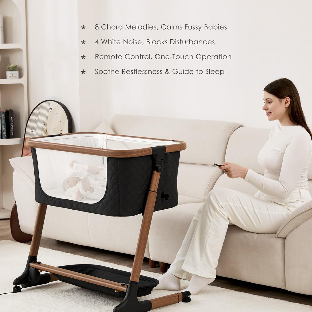 Angelbliss baby bassinet 12-soothing-sounds mix lullabies and white noise for calm naps.