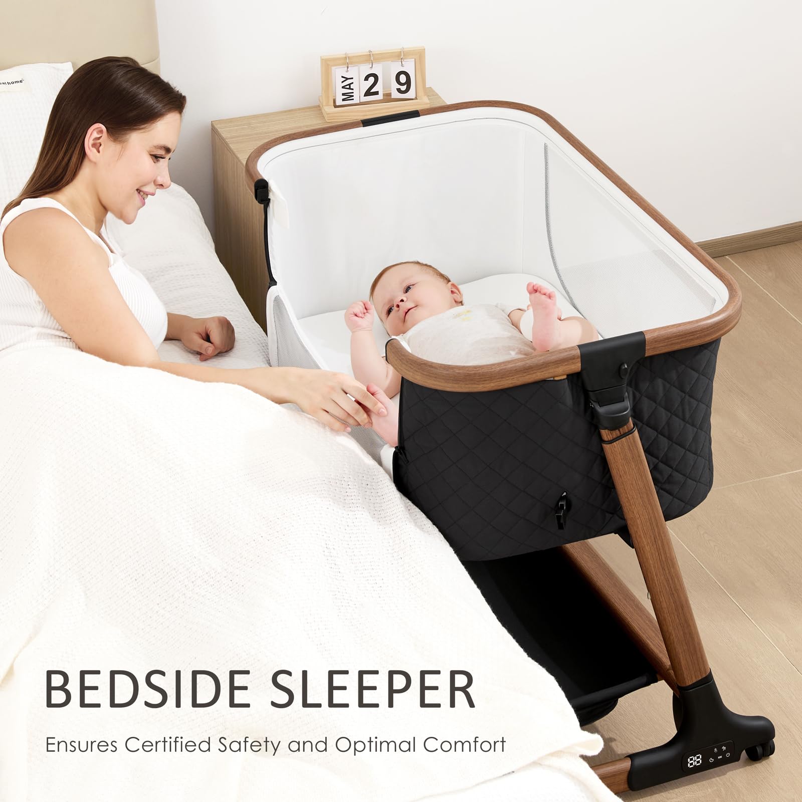 Angelbliss baby bassinet 6-height-adjustments enables perfect bed alignment for safe co-sleeping.