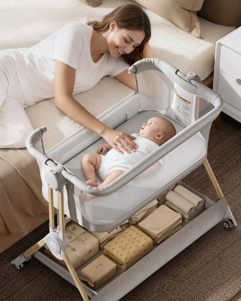 ANGELBLISS Baby Bassinet with adjustable bedside height for bed alignment.
