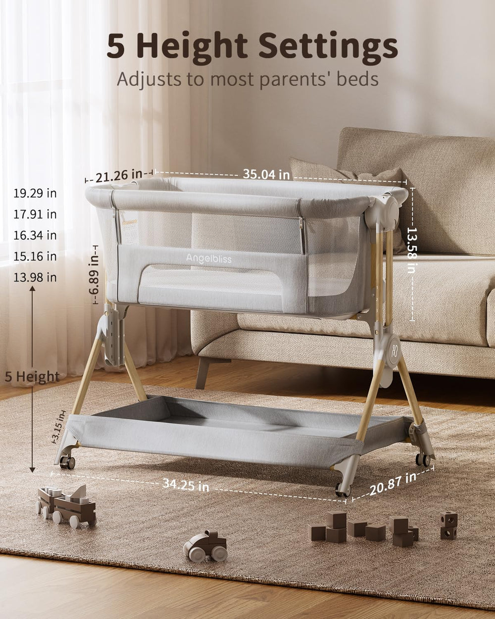 ANGELBLISS Baby Bassinet with full mesh sides for airflow and visibility.