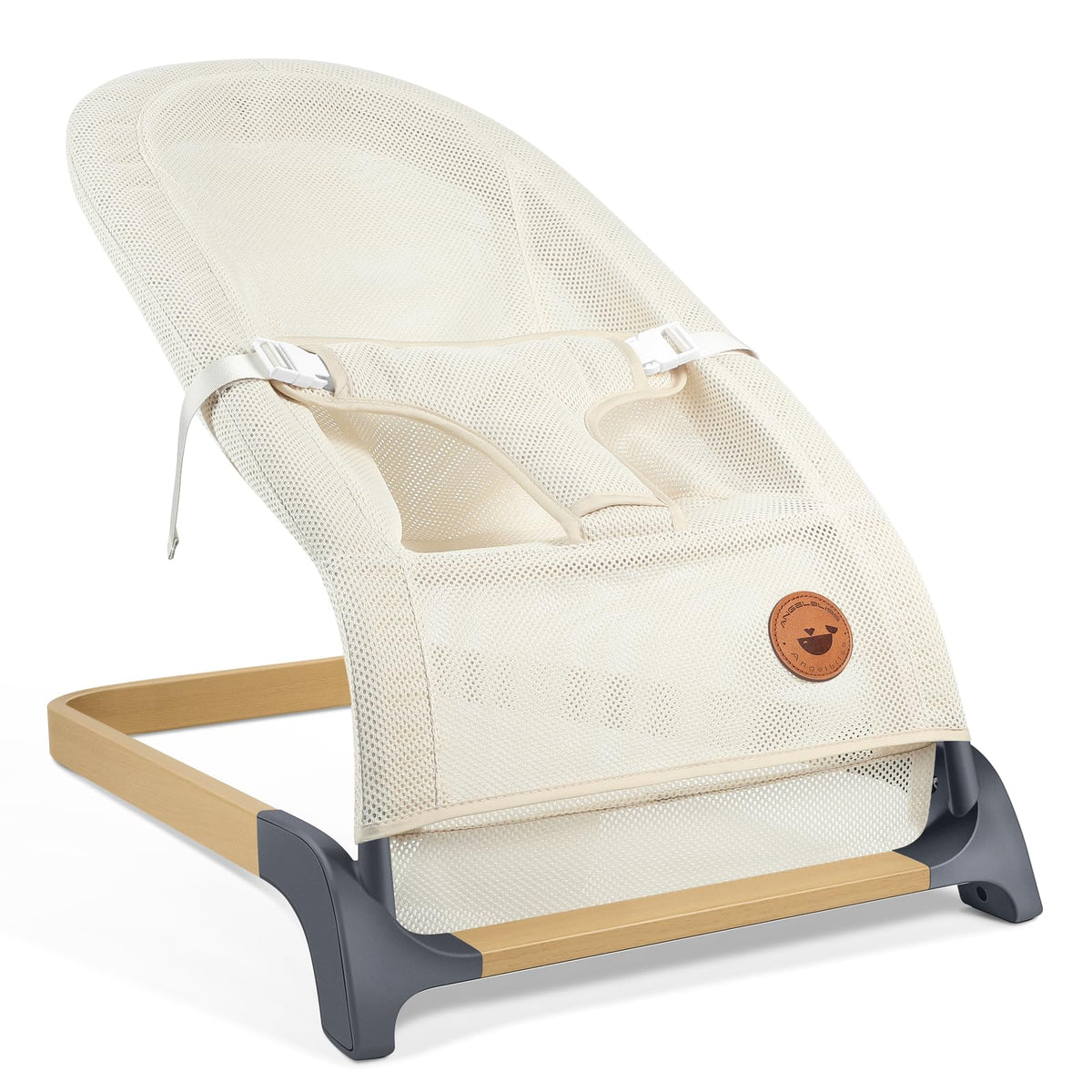 ANGELBLISS baby bouncer base – sturdy wood frame with non-slip feet for stability.