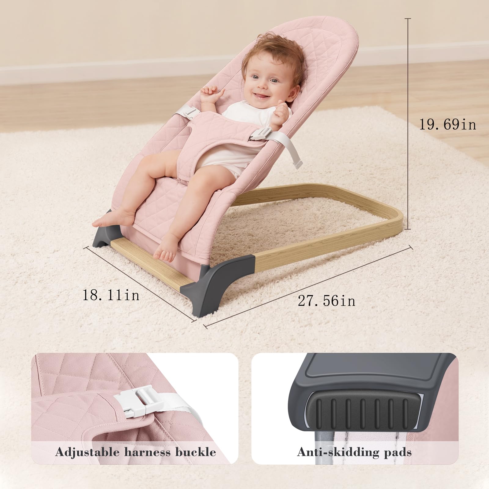 ANGELBLISS Baby Bouncer pink washable cover close-up for easy cleaning