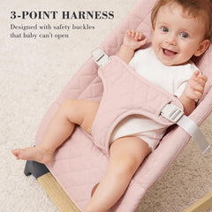 ANGELBLISS Baby Bouncer pink wood-base detail highlights eco-friendly, sturdy support