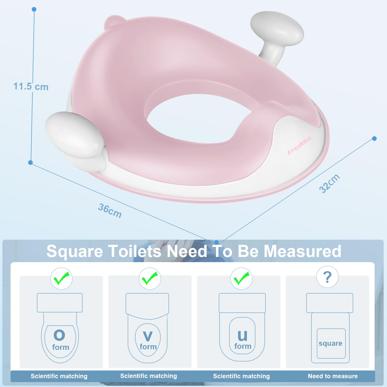 ANGELBLISS baby seat pink fits most standard toilets for quick setup.