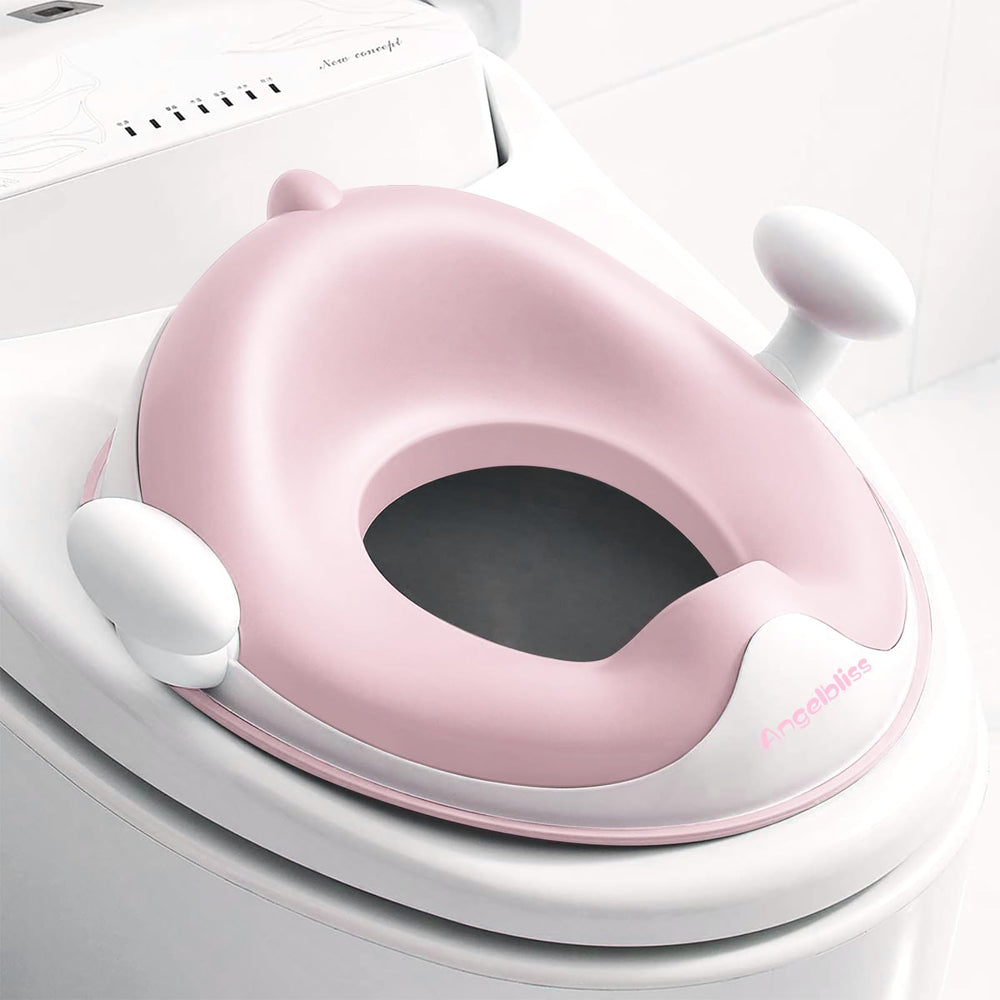 ANGELBLISS Baby Potty Seat pink front view demonstrates secure fit for early toilet training.