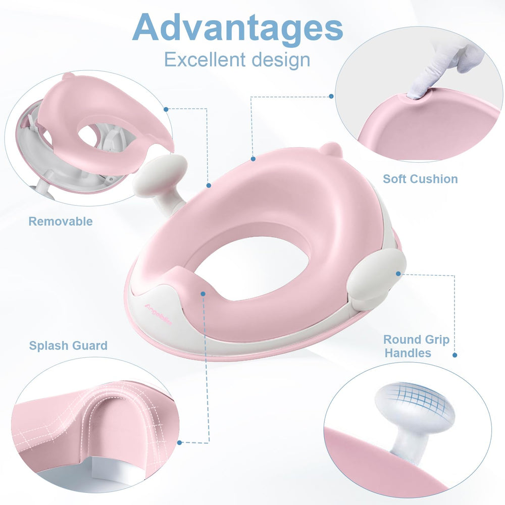 ANGELBLISS Baby Potty Seat pink side view highlights stable base for confident sits.