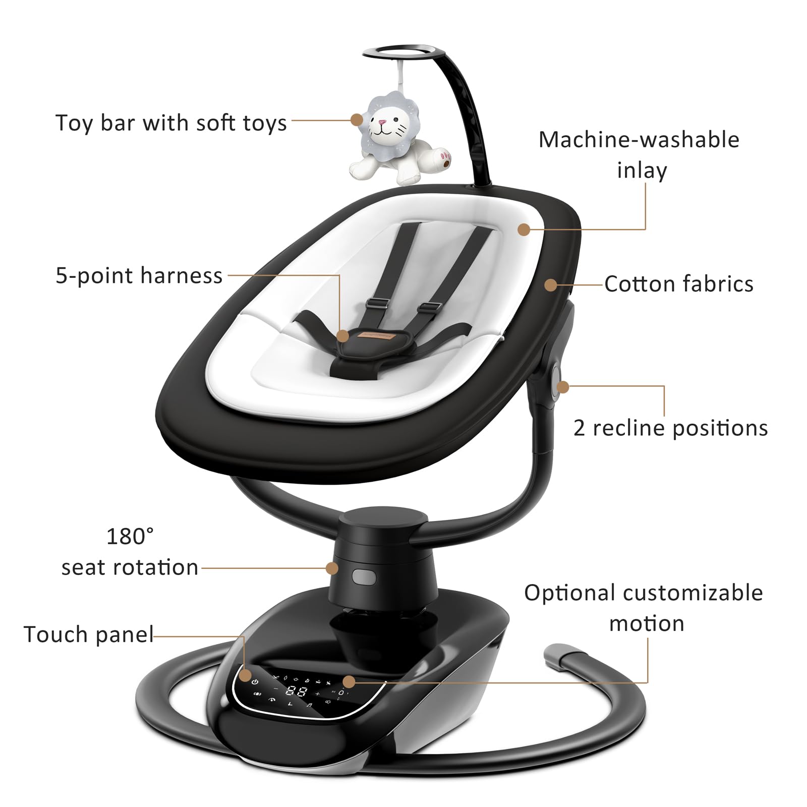 Angelbliss baby swing features 180-degree rotation for easier access.