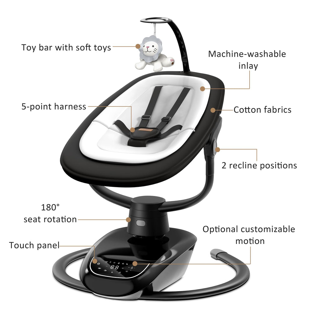 Angelbliss baby swing features 180-degree rotation for easier access.
