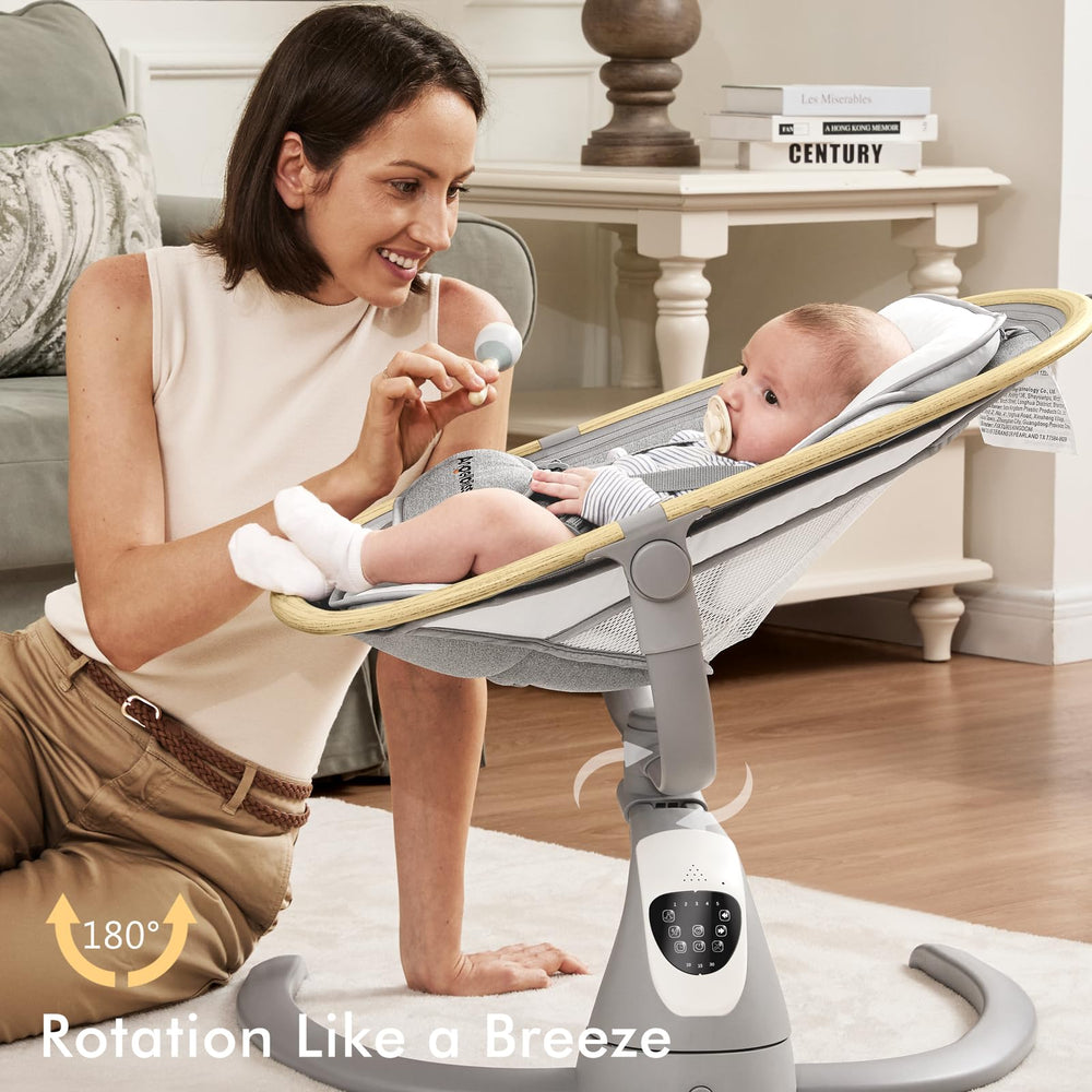 Angelbliss baby swing demonstrates 180° rotation for versatile soothing.