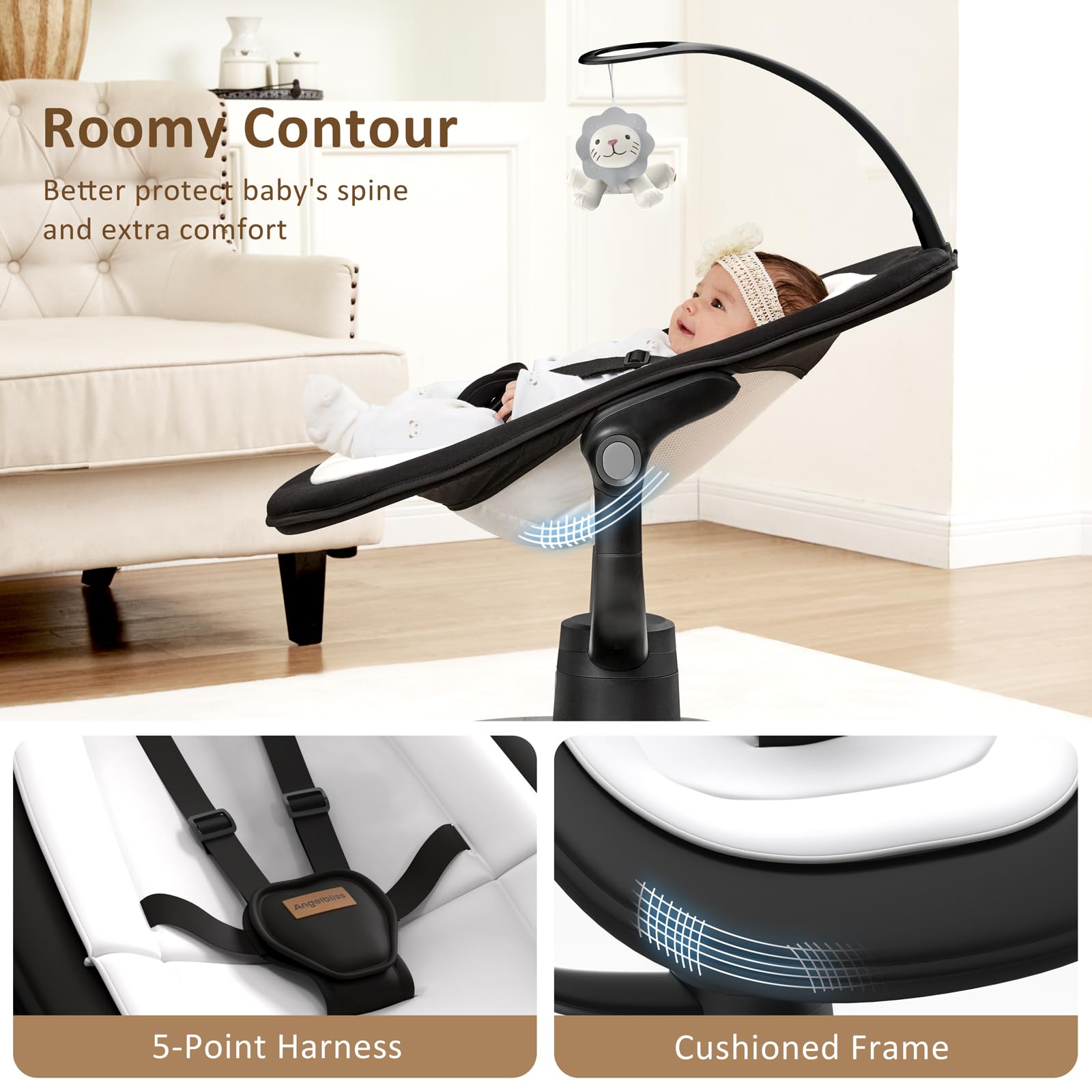 Angelbliss baby swing with Bluetooth control for easy adjustments.