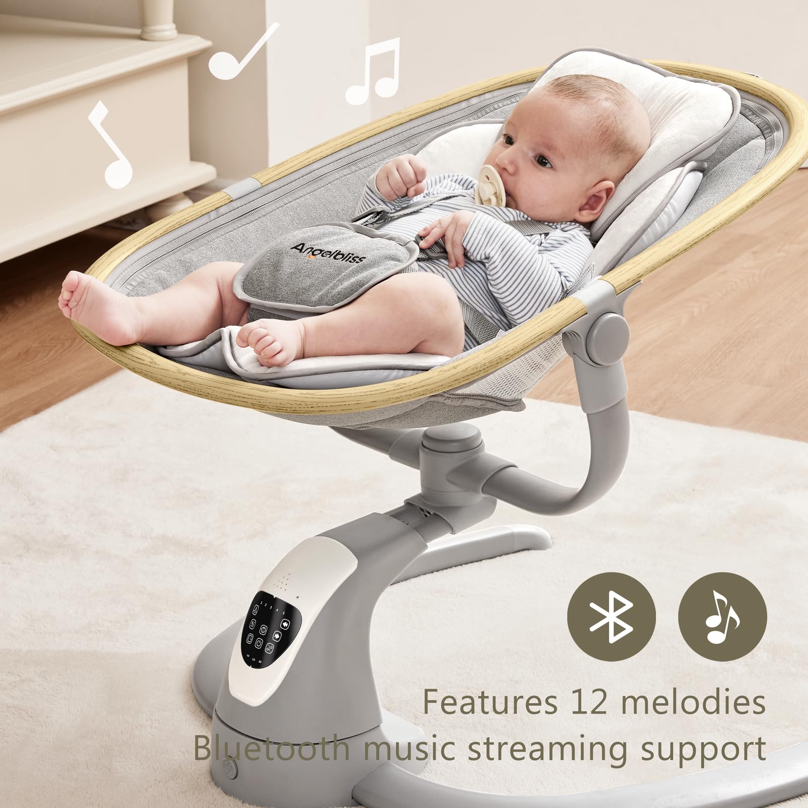 Angelbliss baby swing with Bluetooth lullabies for soothing sounds.