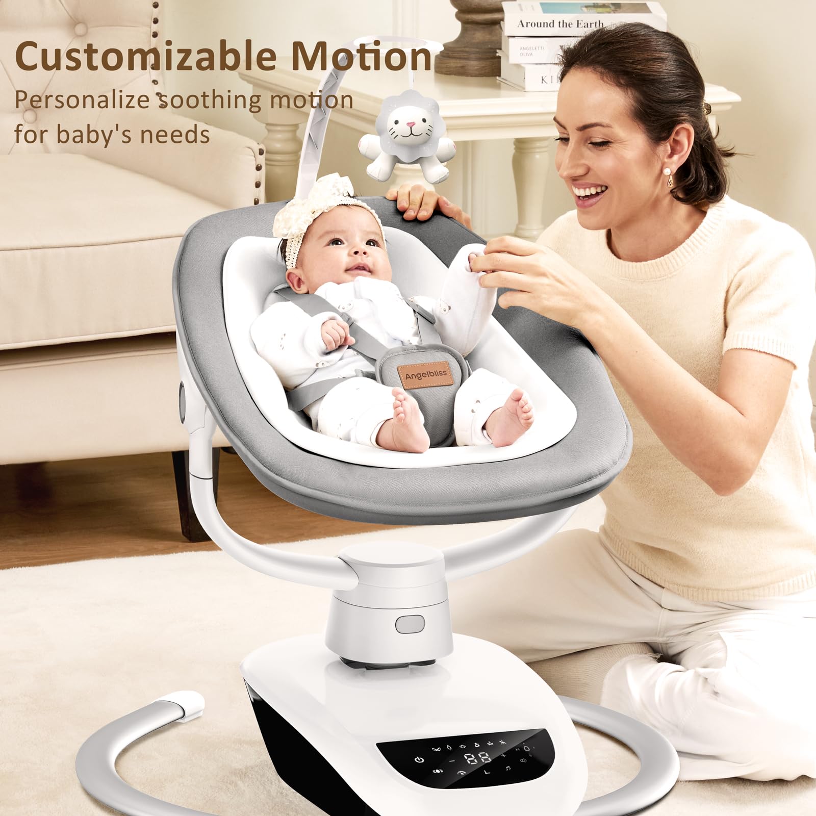 Angelbliss baby swing grey showing customizable motions for calm play
