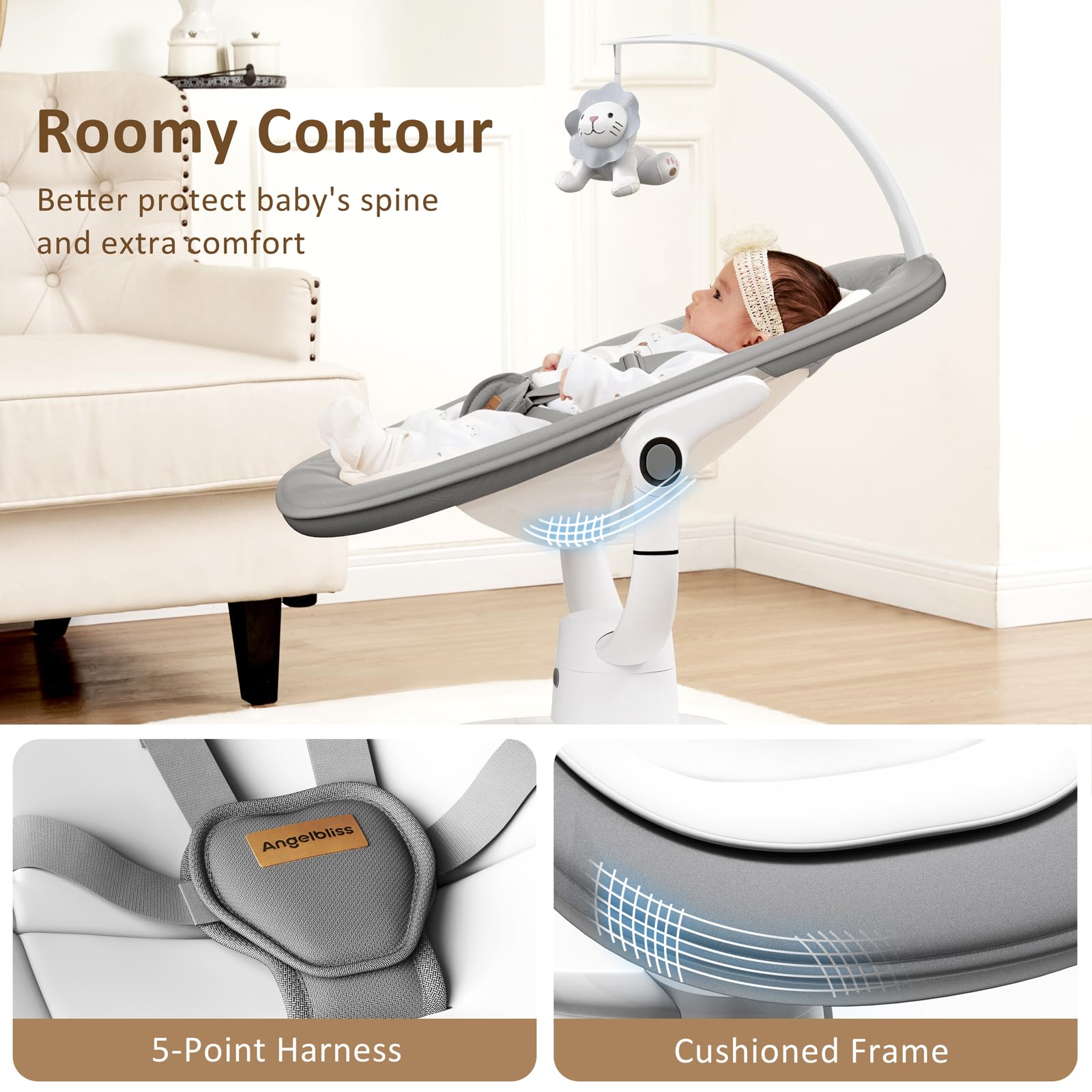 Angelbliss baby swing grey ergonomic seat with washable padding