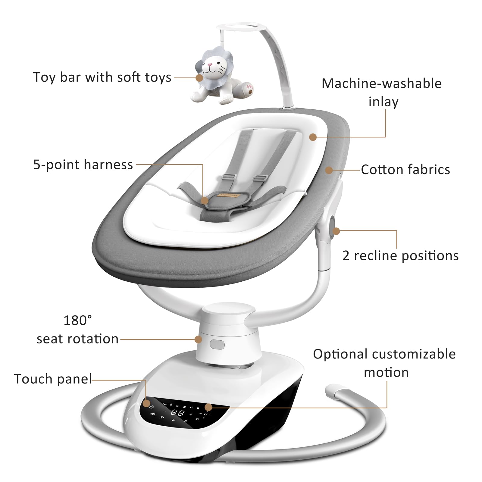 Angelbliss baby swing grey 180-degree rotation for easy access