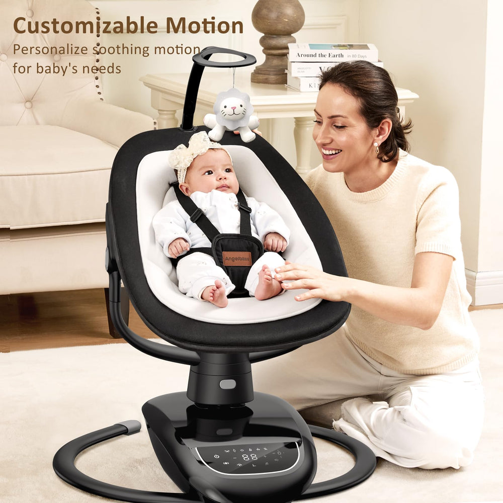 Angelbliss baby swing demonstrates six motions for customized calm.