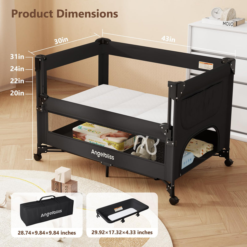 Angelbliss bedside crib setup shown beside parent for easy night check-ins.